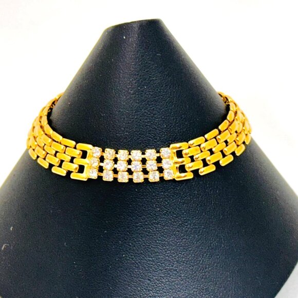 Vintage Gold-Tone Rhinestone Bracelet With Fold Over Clasp & Triple Row Design - Picture 5 of 8